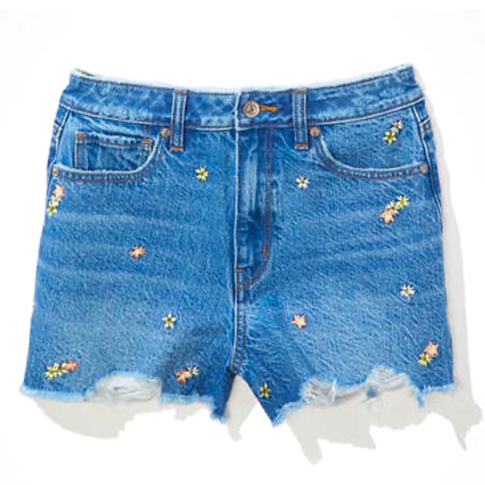 American Eagle Floral Embroidered Denim Mom Shorts